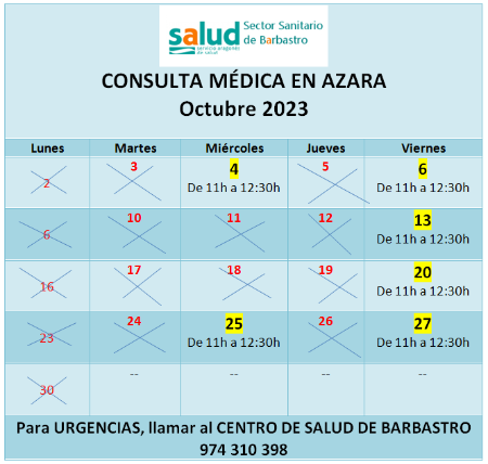 Imagen Horario del Consultorio Médico para el mes de octubre de 2023