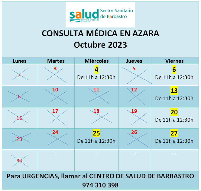 Imagen Horario del Consultorio Médico para el mes de octubre de 2023